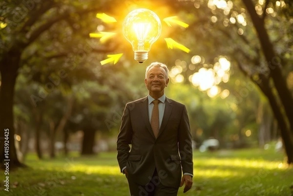 Fototapeta A businessman in a suit strolls through a sunlit park, an illuminated lightbulb above him symbolizing inspiration and ideas.