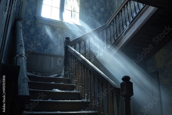 Fototapeta Sunbeams illuminate a decaying wooden staircase in an abandoned building, dust motes dancing in the light.