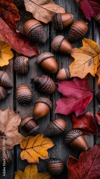 Obraz Fresh Collected Acorns with Detailed Texture and Colorful Fall Leaves on Dark Wooden Background, Autumn Nature Flat Lay