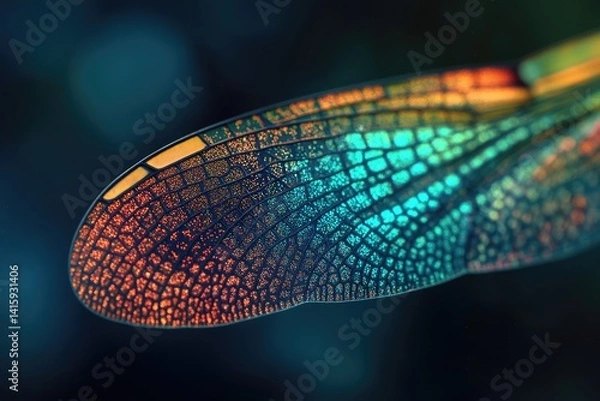 Fototapeta Close-up of a dragonfly's iridescent wing, showcasing intricate vein patterns and vibrant colors.