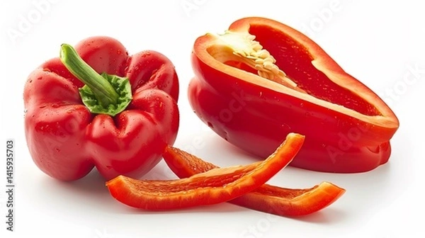 Fototapeta Fresh red bell pepper whole sliced isolated on a white backdrop highlighting crisp texture and rich color