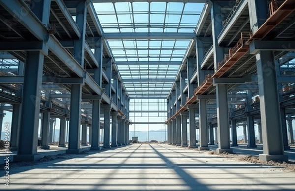 Fototapeta Steel construction site building with transparent roof. Large industrial structure in progress. Modern architecture framework, engineering concept. Civil construction, infrastructure, structural