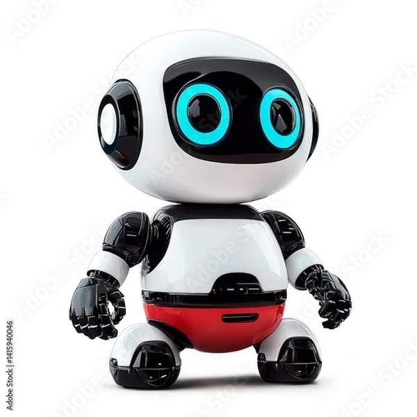 Fototapeta  Adorable white and red robot with glowing blue eyes