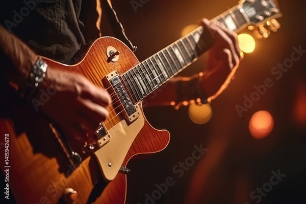 Fototapeta Close-up of a guitarist's hands playing a sunburst electric guitar on stage during a performance.