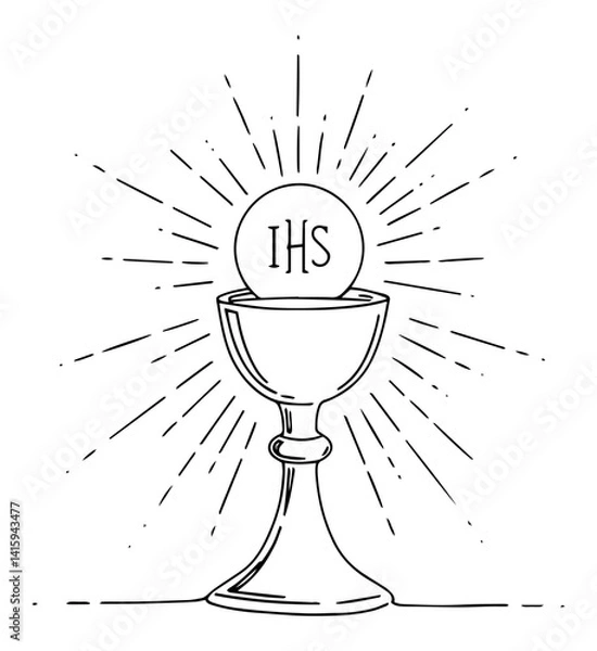 Fototapeta line art vector of eucharistic chalice and host with rays, catholic religious symbol sketch