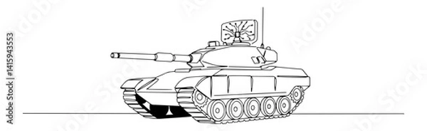 Fototapeta clean line art vector of a modern battle tank with cannon and turret, military armored vehicle