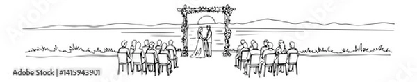 Fototapeta continuous line vector of wedding ceremony in open landscape with guests and arch altar
