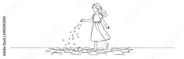 Fototapeta minimalist vector of a flower girl walking and scattering petals, symbolic wedding moment