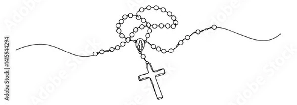 Fototapeta rosary with cross drawn in flowing line style, religious black and white vector illustration