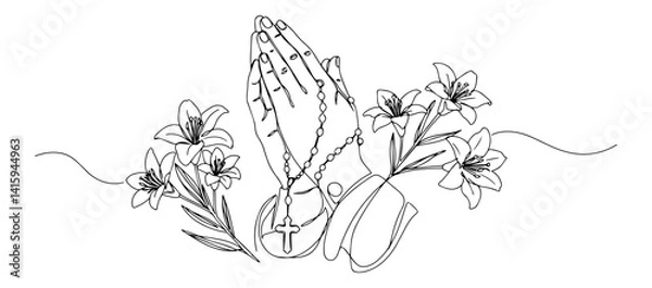 Fototapeta praying hands with rosary and flowers in line art style, symbol of faith, devotion and peace, vector