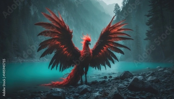Fototapeta Majestic red phoenix with outstretched wings by a serene turquoise lake in a misty forest landscape