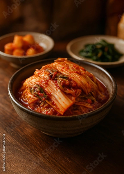 Obraz Traditional korean kimchi (fermented vegetables with chili) served in ceramic bowl on wooden table