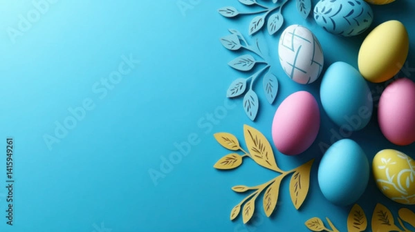 Fototapeta Top view photo of easter bunny ears white pink blue and yellow eggs on isolated pastel blue background with copyspace in the middle