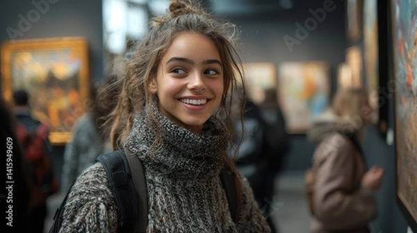 Fototapeta A young woman explores a museum exhibit, observing colorful artwork with a curious expression and a warm smile