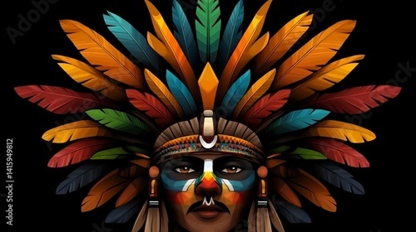 Fototapeta Native American man with colorful face paint and feathered headdress is showcased against a dark background.