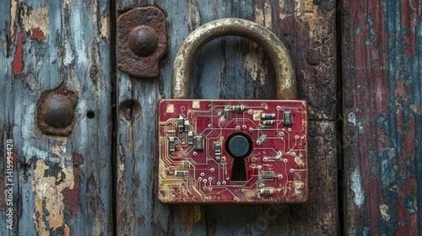 Fototapeta Padlock with circuit board and glowing lines. Concept of cyber security, digital privacy, hack risk, cybersecurity, digital security, internet safety, data protection and cyber safety. 3D Illustration