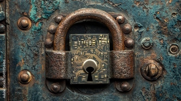 Fototapeta Padlock with circuit board and glowing lines. Concept of cyber security, digital privacy, hack risk, cybersecurity, digital security, internet safety, data protection and cyber safety. 3D Illustration