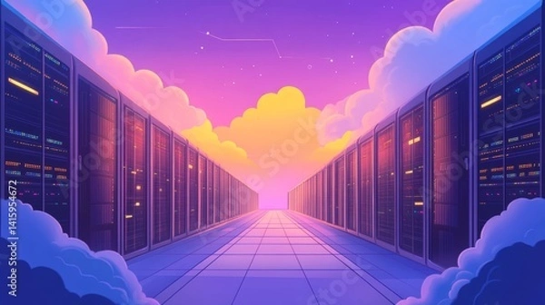 Fototapeta Data Center, web servers, service, internet connection, cloud servers with security. Flat Cartoon Vector Illustration, icon. Stylish abstract design