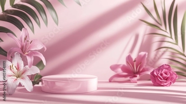 Obraz 3D podium display, pastel pink background with rose flowers, Lily flower and palm leaf shadow. Minimal pedestal for beauty, cosmetic product. Valentine, feminine copy space template 3d render