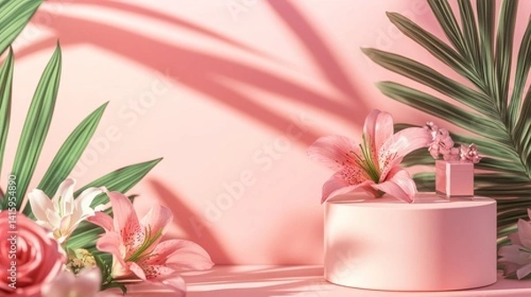Obraz 3D podium display, pastel pink background with rose flowers, Lily flower and palm leaf shadow. Minimal pedestal for beauty, cosmetic product. Valentine, feminine copy space template 3d render