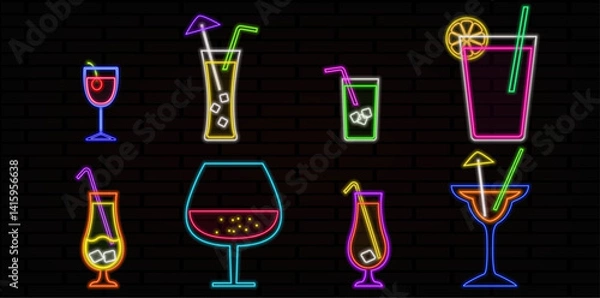 Obraz Neon cocktail drink icon. Glowing neon sign of martini, cocktail. various models.