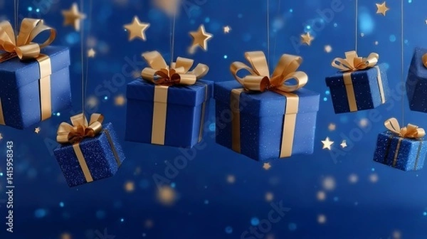 Fototapeta Generative ai illustration of blue gifts with golden bows and ribbons on blue background with stars - ideal for festive themes holiday cards and celebration designs