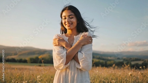 Obraz A young woman smiling with her arms around herself, standing in a vast grassy field under sunlight. Positive mood and connection to nature.