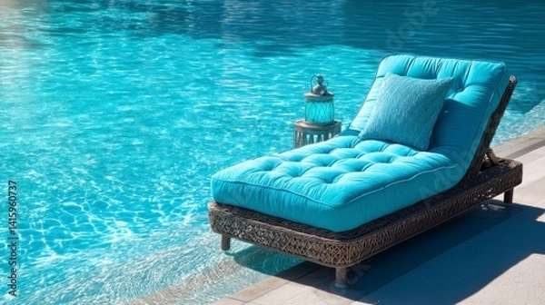 Fototapeta Relaxing Lounge Chair Beside Shimmering Pool with Lantern and Pillow