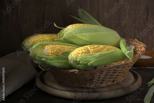 Obraz rustic still life with fresh corn in the basket