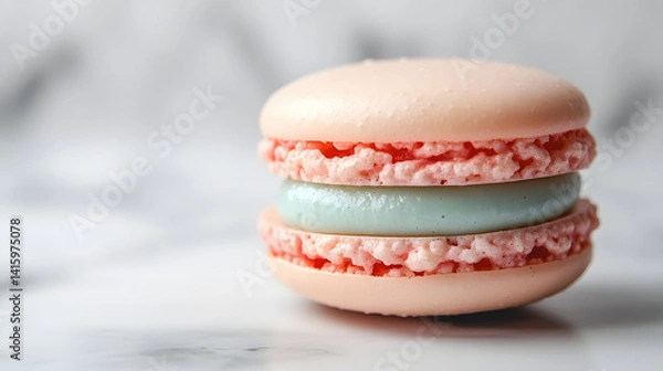 Obraz Delicate Pink Macaron with Creamy Blue Filling on Marble Surface for Elegant Dessert Photography