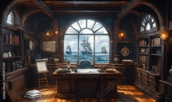 Fototapeta Stylized AI-generated pirate ship cabin interior, ideal for fantasy games, storytelling visuals, and historical adventure concepts
