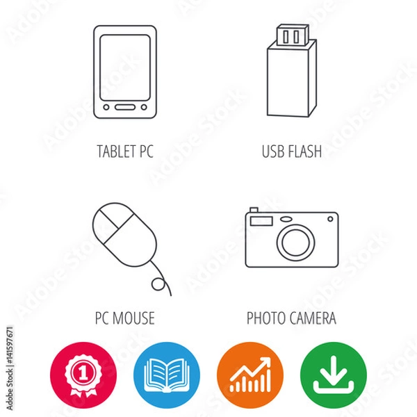 Fototapeta Tablet PC, USB flash and photo camera icons.PC mouse linear sign. Award medal, growth chart and opened book web icons. Download arrow. Vector