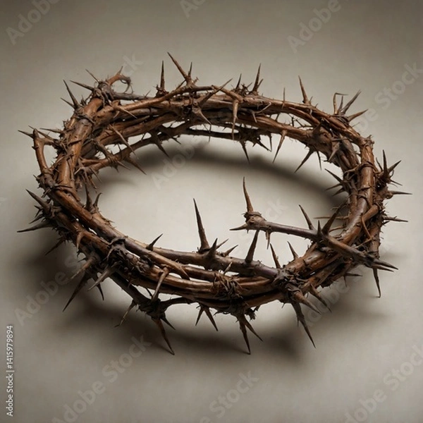 Fototapeta A crown of brown thorns on a grey background, symbolizing Jesus Christ's suffering and sacrifice during Easter