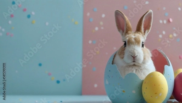 Fototapeta A cute rabbit sits inside a polka dots eggshell surrounded by more vibrant eggs in a festive setting background 