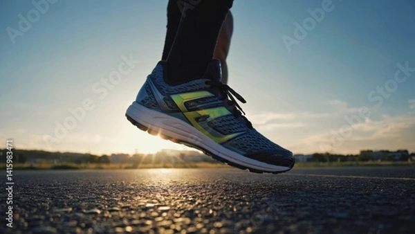 Obraz An athlete wearing a pair of asics running shoes, ready to run on the street at sunset.