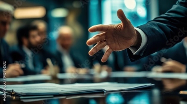Fototapeta Politician gesturing with hand while speaking at a press conference, surrounded by blurred colleagues and documents spread across the table, conveying authority and influence