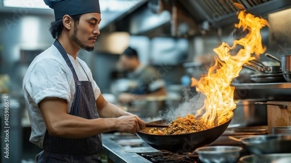 Obraz A chef skillfully tosses ingredients in a wok, creating a spectacle of flames in a dim kitchen. The intensity of the cooking process is highlighted by warm lighting and sharp action