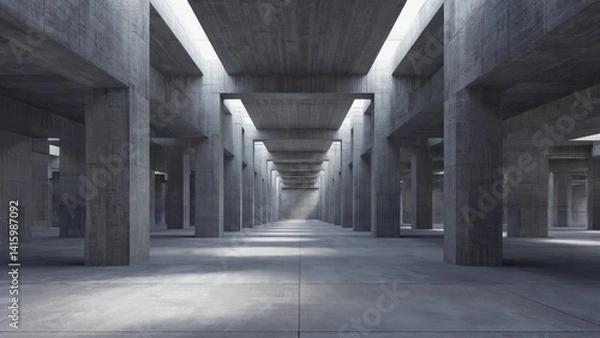 Obraz Interior of large empty concrete building with multiple pillars and skylights.