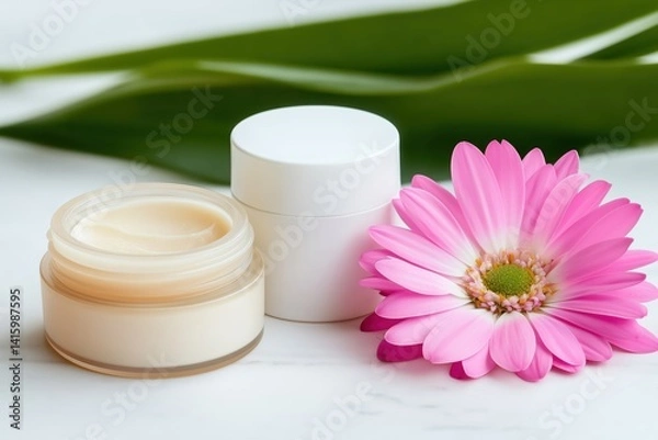 Obraz Bright flat lay of moisturizing lip balms and delicate pink flowers on a white marble table, perfect for beauty enthusiasts