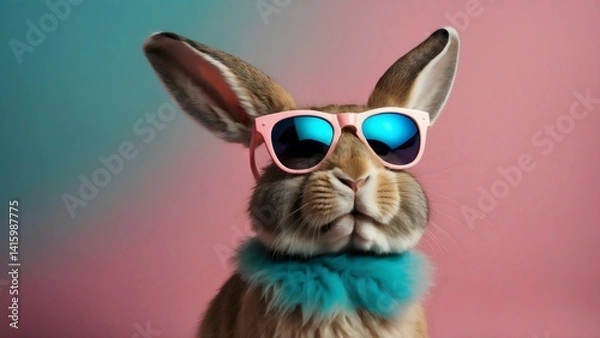 Fototapeta A cool trendy brown Easter rabbit in reflective sunglasses stands out against a vibrant pink and blue background