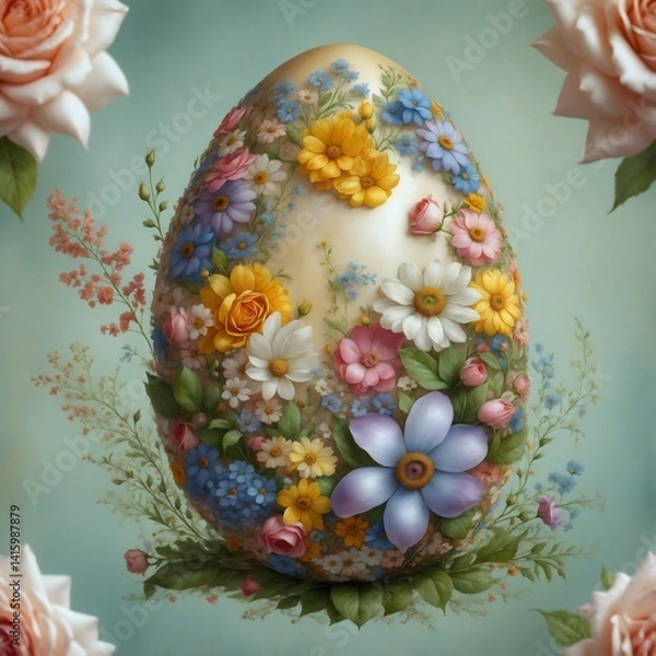 Fototapeta Watercolor illustration of an Easter egg decorated with vibrant meadow flowers and pink roses on the edges, with a simple background, a beautifully painted whimsical design 