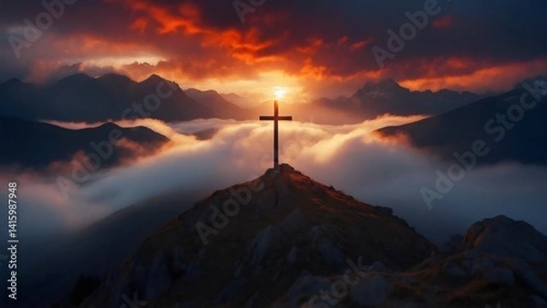 Fototapeta Silhouettes of crucifix symbol of a Christian cross atop a mountain, surrounded by clouds and sunlight breaking through the sky, sunrise, Good Friday concept