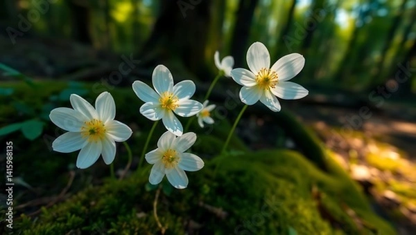 Fototapeta Springtime Serenity: Close-up of Beautiful White Anemone Flowers in Sunlit Forest