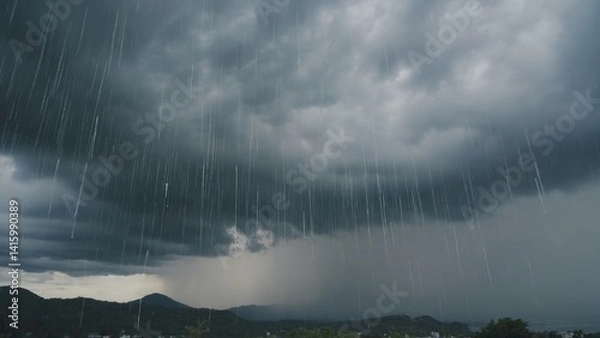 Obraz A dramatic scene of a thunderstorm with heavy rain, dark skies and turbulent weather conditions.