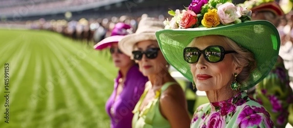 Fototapeta Elegant fashion and style women with colorful hats and attire. Old money and Nobility. Upscale lifestyle, tradition and glamour