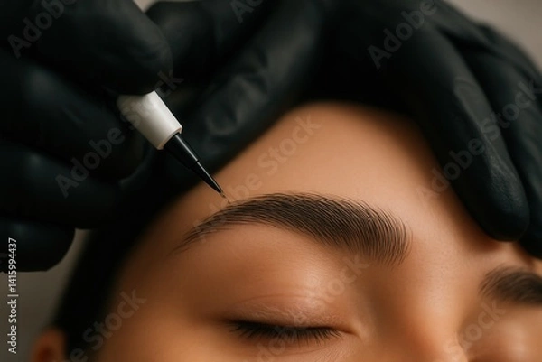 Obraz Beautician applying permanent makeup on eyebrows using special device