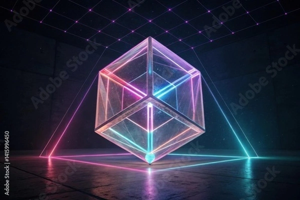 Fototapeta Glowing Cube Prism with Futuristic Geometry