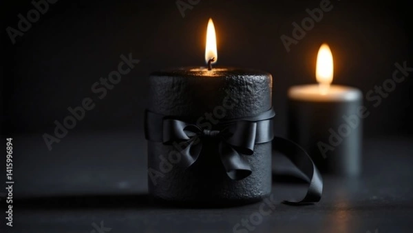 Fototapeta Two burning black candles tied with a black ribbon bow, set against a dark background, Symbol of mourning, grief, solemnity