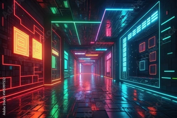 Fototapeta Neon Pixel Chaos with Glitch Effect Blocks