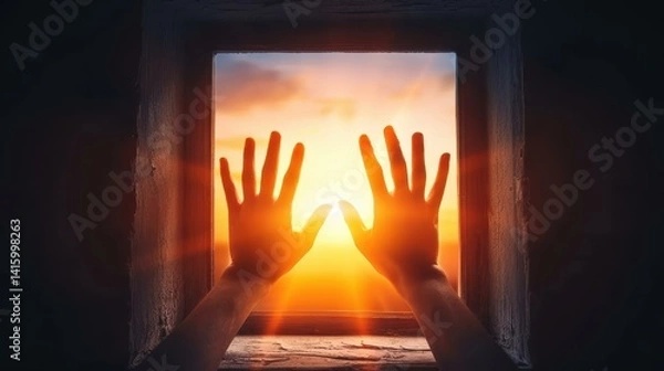 Obraz Eerie hands grasp from an ancient window, capturing the haunting spirit of Halloween with a grainy, atmospheric effect.